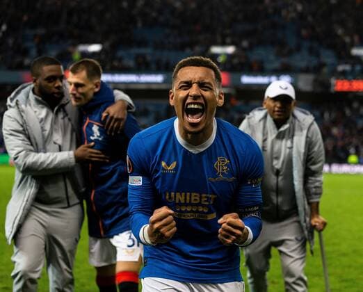 Mandatory Credit: Photo by Luke Nickerson Rangers FC Shutterstock (12894538ce) Rangers Defender James Tavernier celebrates at the end of the match Rangers v Braga, UEFA Europa League, Quarter Final, Second Leg, Football, Ibrox Stadium, Glasgow, UK - 14 Apr 2022 Rangers v Braga, UEFA Europa League, Quarter Final, Second Leg, Football, Ibrox Stadium, Glasgow, UK - 14 Apr 2022 Copyright: xLukexNickerson RangersxFC Shutterstockx 12894538ce