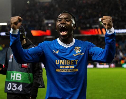 Mandatory Credit: Photo by Luke Nickerson Rangers FC Shutterstock (12894538bx) Rangers Forward Fashion Sakala Junior celebrates at the end of the match Rangers v Braga, UEFA Europa League, Quarter Final, Second Leg, Football, Ibrox Stadium, Glasgow, UK - 14 Apr 2022 Rangers v Braga, UEFA Europa League, Quarter Final, Second Leg, Football, Ibrox Stadium, Glasgow, UK - 14 Apr 2022 Copyright: xLukexNickerson RangersxFC Shutterstockx 12894538bx