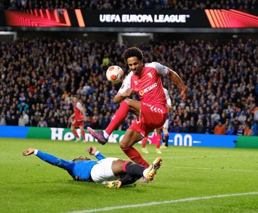 Ibrox Stadium, Glasgow, Scotland, April 14th 2022: Fashion Sakala (Rangers) and Lucas Mineiro (Sporting Braga) during the UEFA Europa League quarter final 2nd leg match between Glasgow Rangers and Sporting Braga at Ibrox Stadium in Glasgow, Scotland. UEFA Europa League quarter final 2nd leg Alex Todd SPP Glasgow Rangers v Sporting Braga 
