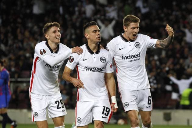 Barcelona, Spain, March 10th 2021: Jesper Lindstrom (29 Eintracht Francfort), Kristijan Jakic (6 Eintracht Francfort) and Rafael Borre (19 Eintracht Francfort) celebration goal during, UEFA Europa League match between Barcelona and Eintracht at Camp Nou stadium in Barcelona, Spain. Rafa Huerta SPP Barcelona v Eintracht - UEFA Europa League - Camp Nou Stadium 