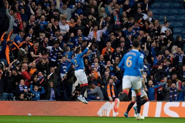 Ibrox Stadium, Glasgow, Scotland, April 14th 2022: James Tavernier (Rangers) scores an early goal to make it 1-0 during the UEFA Europa League quarter final 2nd leg match between Glasgow Rangers and Sporting Braga at Ibrox Stadium in Glasgow, Scotland. UEFA Europa League quarter final 2nd leg Alex Todd SPP Glasgow Rangers v Sporting Braga 