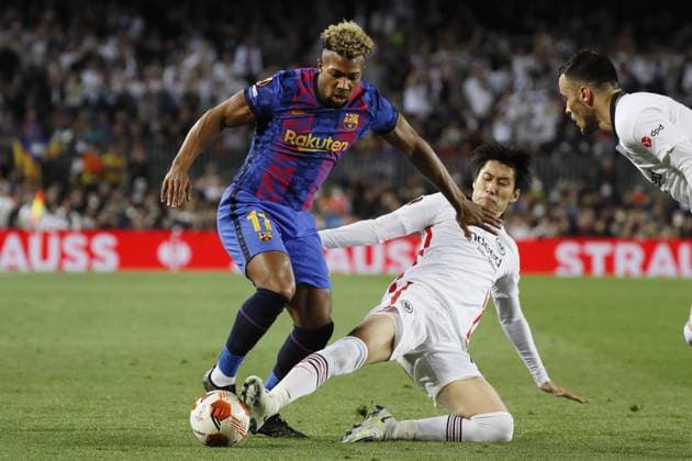 Barcelona, Spain, March 10th 2021: Adama Traore (11 FC Barcelona, Barca and Daichi Kamada (15 Eintracht Francfort) during, UEFA Europa League match between Barcelona and Eintracht at Camp Nou stadium in Barcelona, Spain. Rafa Huerta SPP Barcelona v Eintracht - UEFA Europa League - Camp Nou Stadium 