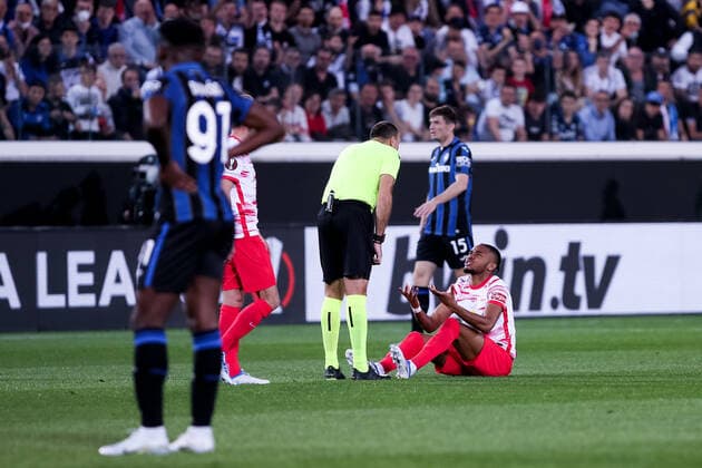 BERGAMO, ITALY - APRIL 14: Christopher Nkunku midfielder for Red Bull Leipzig reacts during the Europa League football match between Atalanta and RB Leipzig at Gewiss Stadium on April 14, 2022 in Bergamo, Italy. (Photo by Stefano Nicoli Speed Media Icon Sportswire) SOCCER: APR 14 Europa League - RB Leipzig at Atalanta Icon2204140049