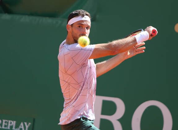 Grigor Dimitrov of Bulgarie during the Rolex Monte-Carlo Masters 2022, ATP, Tennis Herren Masters 1000 tennis tournament on April 14, 2022 at Monte-Carlo Country Club in Roquebrune-Cap-Martin, France - Photo Laurent Lairys TENNIS : Monte Carlo 2022 - Monaco - 14 04 2022 LaurentLairys Panoramic 