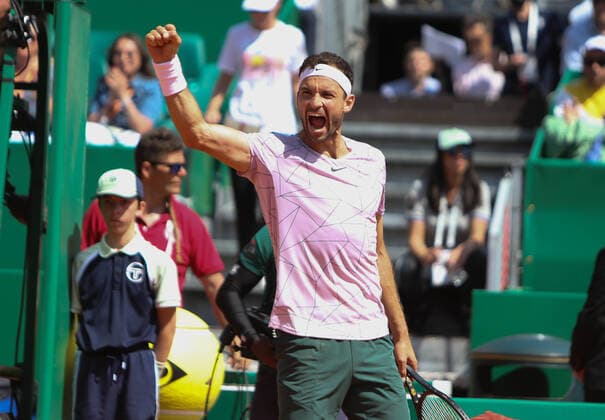 Grigor Dimitrov of Bulgarie during the Rolex Monte-Carlo Masters 2022, ATP, Tennis Herren Masters 1000 tennis tournament on April 14, 2022 at Monte-Carlo Country Club in Roquebrune-Cap-Martin, France - Photo Laurent Lairys TENNIS : Monte Carlo 2022 - Monaco - 14 04 2022 LaurentLairys Panoramic 