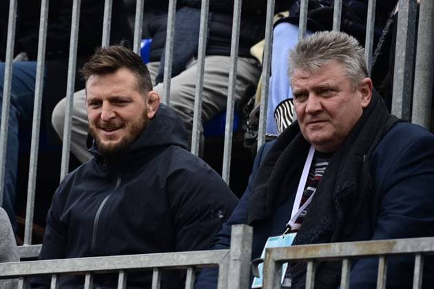 Czech judoka Lukas Krpalek, left, and President of Czech Tennis Association Ivo Kaderka at the women s tennis Billie Jean King Cup tournament Czechia vs Britain in Prague, Czech Republic, April 16, 2022. (CTKxPhoto RomanxVondrous) CTKPhotoP2022041602359 
