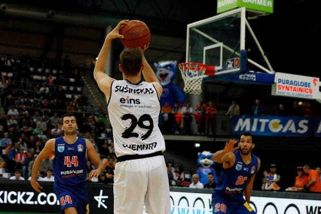 17.04.2022, easyCredit Basketball Bundesliga, BBL, Saison 2021 2022, Herren, Syntainics MBC - Chemnitz Niners Mindaugas Susinskas, Niners Chemnitz Leipzig QUARTERBACK Immobilien ARENA Sachsen Germany