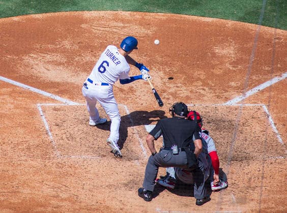 Sport Themen der Woche KW15 Sport Bilder des Tages April 17, 2022, Los Angeles, California, USA: Trea Turner 6 of the Los Angeles Dodgers at bat during their MLB, Baseball Herren, USA game against the Cincinnati Reds on Sunday April 17, 2022 at Dodger Stadium in Los Angeles, California. Dodgers defeat Reds, 9-1. PI Los Angeles USA - ZUMAp124 20220417_zaa_p124_034 Copyright: xJAVIERxROJASx