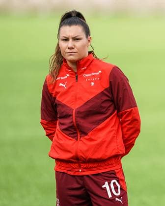 Thun, Switzerland, April 12th 2022: Ramona Bachmann (10 Switzerland) standing (portrait headshot close up) during the national anthem prior to the Womens World Cup Qualifier football match between Switzerland and Italy at Stockhorn Arena in Thun, Switzerland. Daniela Porcelli SPP Switzerland v Italy - World Cup Qualifier - Stockhorn Arena 