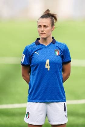 Thun, Switzerland, April 12th 2022: Aurora Galli (4 Italy) standing (portrait headshot close up) during the national anthem prior to the Womens World Cup Qualifier football match between Switzerland and Italy at Stockhorn Arena in Thun, Switzerland. Daniela Porcelli SPP Switzerland v Italy - World Cup Qualifier - Stockhorn Arena 