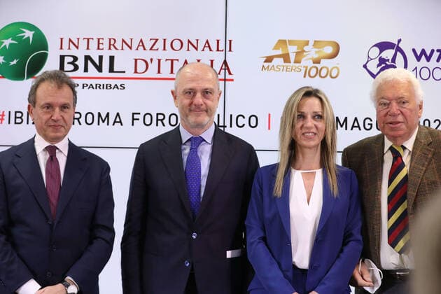 Tennis Internazionali d Italia 2022 press conference, PK, Pressekonferenz At Stadio Olimpico of Rome, press conference for the 2022 edition of BNL Internazionali d’Italia of Tennis. In this picture Vito Cozzoli, Angelo Binaghi, Valentina Vezzali and Nicola Pietrangeli Rome Lazio Italy Copyright: PaoloxPizzi