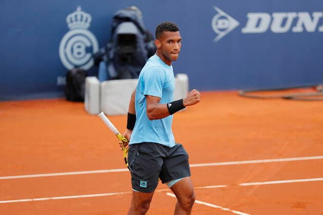 Felix Auger-Aliassime (CAN), APRIL20, 2022 - Tennis : Felix Auger-Aliassime of Canada celebrate after point during singles 2nd round match against Carlos Tabener of Spain on the Barcelona Open Banc Sabadell tennis tournament at the Real Club de Tenis de Barcelona in Barcelona, Spain.  (0156452462st)