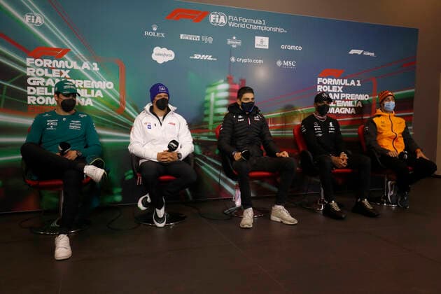 18 Lance Stroll (CAN, Aston Martin Aramco Cognizant F1 Team), 47 Mick Schumacher (DEU, Haas F1 Team), 31 Esteban Ocon (FRA, BWT Alpine F1 Team), 44 Lewis Hamilton (GBR, Mercedes-AMG Petronas F1 Team), 3 Daniel Ricciardo (AUS, McLaren F1 Team), F1 Grand Prix of Emilia Romagna at Autodromo Enzo e Dino Ferrari on April 22, 2022 in Imola, Italy. (Photo by Carl Bingham LAT Motorsport Images DPPI via HOCH ZWEI) Imola Italy