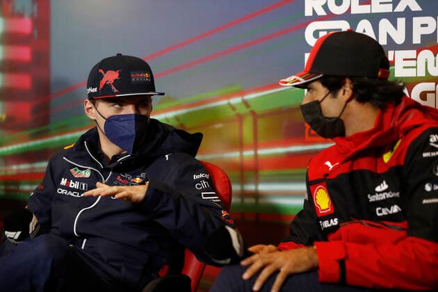 1 Max Verstappen (NLD, Oracle Red Bull Racing), 55 Carlos Sainz (ESP, Scuderia Ferrari), F1 Grand Prix of Emilia Romagna at Autodromo Enzo e Dino Ferrari on April 22, 2022 in Imola, Italy. (Photo by Carl Bingham LAT Motorsport Images DPPI via HOCH ZWEI) Imola Italy