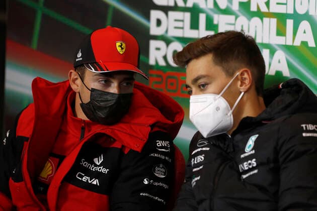 16 Charles Leclerc (MCO, Scuderia Ferrari), 63 George Russell (GBR, Mercedes-AMG Petronas F1 Team), F1 Grand Prix of Emilia Romagna at Autodromo Enzo e Dino Ferrari on April 22, 2022 in Imola, Italy. (Photo by Carl Bingham LAT Motorsport Images DPPI via HOCH ZWEI) Imola Italy