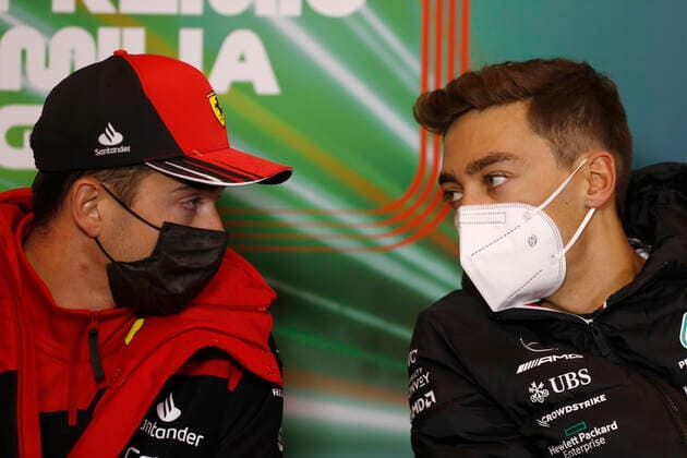 16 Charles Leclerc (MCO, Scuderia Ferrari), 63 George Russell (GBR, Mercedes-AMG Petronas F1 Team), F1 Grand Prix of Emilia Romagna at Autodromo Enzo e Dino Ferrari on April 22, 2022 in Imola, Italy. (Photo by Carl Bingham LAT Motorsport Images DPPI via HOCH ZWEI) Imola Italy