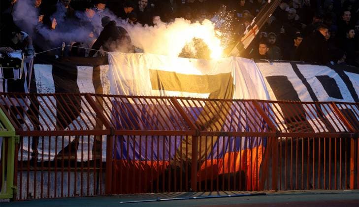16.04.2022 Belgrade(Serbia) FK Crvena Zvezda(Red Star)-Partizan Super Liga men s football Partizan fans wave Russian flag with a printed letter Z , who using by the Russian army as identifying sign on their vehicles in their special military operation in Ukraine. :Str