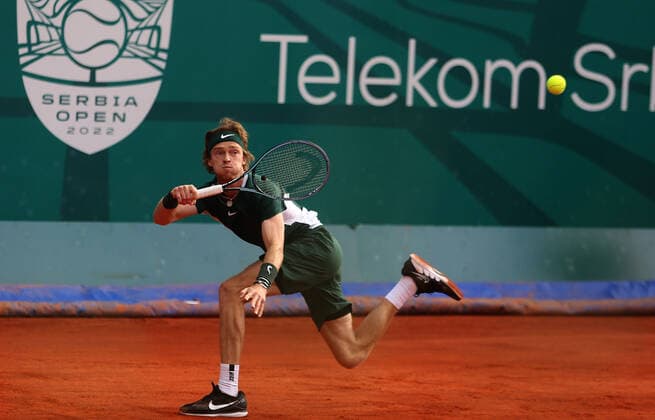 Serbia Tennis Open Fognini - Rublev 8173920 23.04.2022 Russia s Andrey Rublev returns a shot from Fabio Fognini of Italy during their tennis semifinal match of the Serbia Open tennis tournament in Belgrade, Serbia. Alexandar Djorovich Sputnik Belgrade Serbia  Copyright: xAlexandarxDjorovichx
