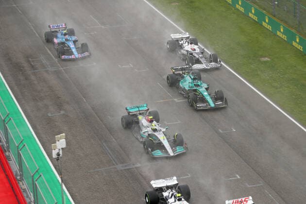 24th April 2022; Imola, Emilia Romagna, Italy. F1 Grand Prix of Italy, Race Day: Mercedes AMG Petronas F1 Team, Lewis Hamilton and Aston Martin Aramco Cognizant F1 Team, Lance Stroll  ActionPlus12382889 Octane
