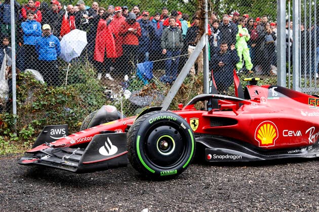 Car of 55 Carlos Sainz (ESP, Scuderia Ferrari) after crash, F1 Grand Prix of Emilia Romagna at Autodromo Enzo e Dino Ferrari on April 24, 2022 in Imola, Italy. (Photo by HOCH ZWEI) Imola Italy