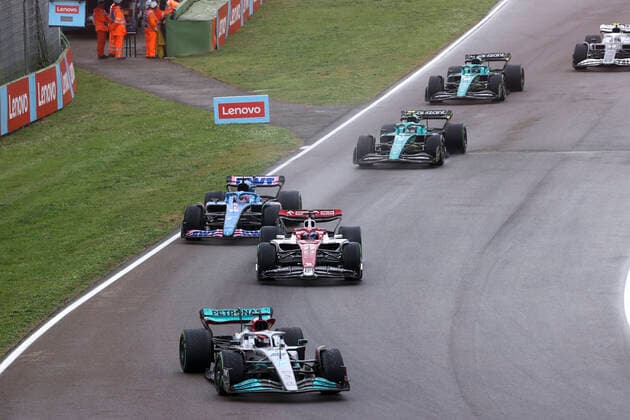 63 George Russell (GBR, Mercedes-AMG Petronas F1 Team), 77 Valtteri Bottas (FIN, Alfa Romeo F1 Team ORLEN), 14 Fernando Alonso (ESP, BWT Alpine F1 Team), F1 Grand Prix of Emilia Romagna at Autodromo Enzo e Dino Ferrari on April 24, 2022 in Imola, Italy. (Photo by HOCH ZWEI) Imola Italy