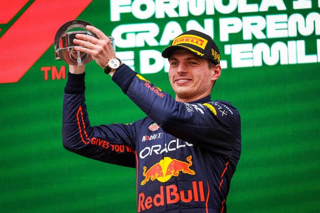 VERSTAPPEN Max (ned), Red Bull Racing RB18, portrait podium during the Formula 1 Grand Premio del Made in Italy e dell Emilia-Romagna 2022, 4th round of the 2022 FIA Formula One World Championship, WM, Weltmeisterschaft on the Imola Circuit, from April 22 to 24, 2022 in Imola, Italy - F1 - EMILIA ROMAGNA GRAND PRIX 2022 - Race DPPI Panoramic  20220424_G00D5399