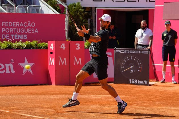 April 24, 2022, Estoril, Lisbon, Portugal: Fernando Verdasco from Spain returns a ball to Pierre-Hugues Herbert from France during the Millennium Estoril Open Final ATP, Tennis Herren 250 tennis tournament at the Clube de Tenis do Estoril..Final score: Pierre-Hugues Herbert 2:1 Fernando Verdasco Estoril Portugal - ZUMAs197 20220424_zaa_s197_161 Copyright: xBrunoxdexCarvalhox