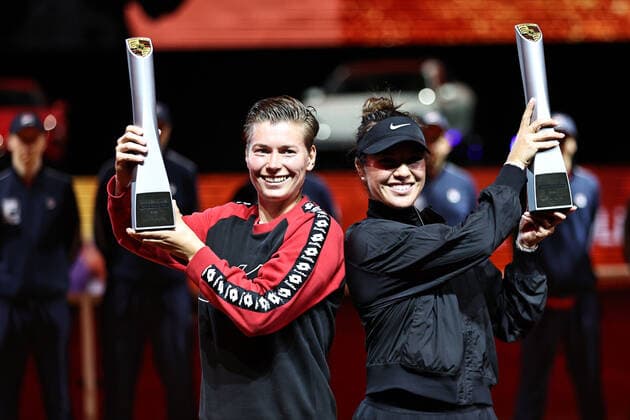 Demi Schuurs, NED (cap), and Desirae Krawczyk, USA, after doubles finals at 2022 Porsche Tennis Grand Prix in Stuttgart, 24 04 2022; -