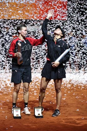 Demi Schuurs, NED (cap), and Desirae Krawczyk, USA, after doubles finals at 2022 Porsche Tennis Grand Prix in Stuttgart, 24 04 2022; -