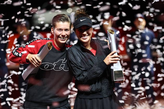 Demi Schuurs, NED (cap), and Desirae Krawczyk, USA, after doubles finals at 2022 Porsche Tennis Grand Prix in Stuttgart, 24 04 2022; -
