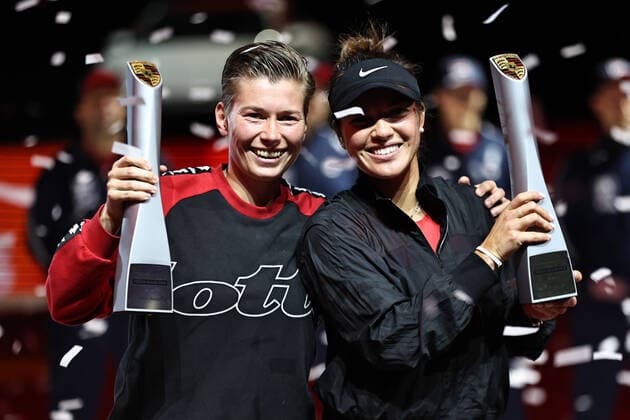 Demi Schuurs, NED (cap), and Desirae Krawczyk, USA, after doubles finals at 2022 Porsche Tennis Grand Prix in Stuttgart, 24 04 2022; -