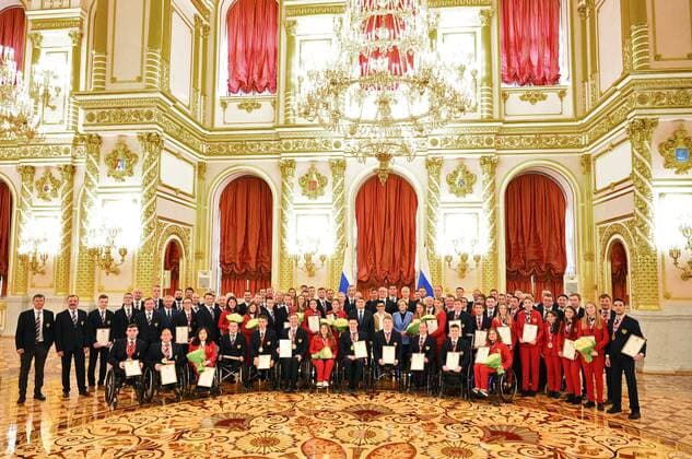 Russia Olympic Athletes Award Ceremony 8175817 26.04.2022 Russian athletes of the Paralympic team are photographed with Russian Deputy Prime Minister Dmitry Chernyshenko and Russia s Presidential Aide Igor Levitin after the award ceremony, in the Kremlin, Moscow, Russia. Ramil Sitdikov Sputnik Moscow Russia  Copyright: xRamilxSitdikovx