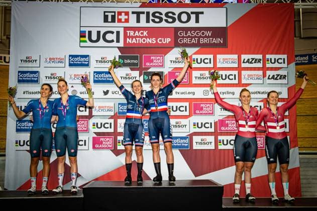 BALSAMO Elisa, GUAZZINI Vittoria, FORTIN Valentine, BORRAS Marion, LETH Julie, DIDERIKSEN Amalie: UCI Track Nations Cup Glasgow 2022 BALSAMO Elisa - GUAZZINI Vittoria ( ITA ) ITALY - Second Place - FORTIN Valentine - BORRAS Marion ( FRA ) FRANCE - Winner - First Place - LETH Julie - DIDERIKSEN Amalie ( DEN ) DENMARK Third Place - Award Ceremony - Medal Cereony - Podium - Querformat - quer - horizontal - Landscape - Event Veranstaltung: UCI Track Nations Cup Glasgow 2022 - Category Kategorie: Cycling - Track cycling, Rad, Radsport, Bahnrad, Bahn Track Nations Cup - Elite Women - Location Ort: Europe Great Britain - Scotland - Glasgow - Sir Chris Hoy Arena - Discipline: Madison - Distance: 30 km - Date Datum: 24.04.2022 Sunday Day 4 -