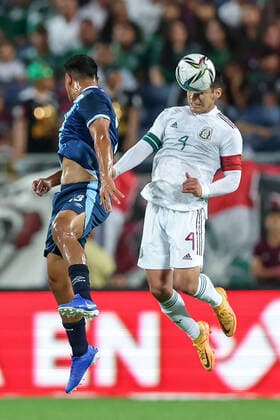 April 27, 2022: Mexico defender JESUS ALBERTO ANGULO URIARTE (4) gets a header during the Mextour Mexico vs Guatemala match at Camping World Stadium in Orlando, Fl on April 27, 2022. - ZUMAk149 20220427_zsp_k149_005 Copyright: xCoryxKnowltonx