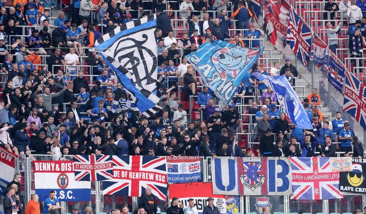 RB Leipzig - Glasgow Rangers 28.04.2022 Leipzig, 28.04.2022, Red Bull Arena, Fussball, UEFA Europa League, Halbfinale Hinspiel, RB Leipzig vs. Rangers FC Glasgow , Im Bild; Fans von Glasgow Rangers. , UEFA regulations prohibit any use of photographs as image sequences and or quasi-video.