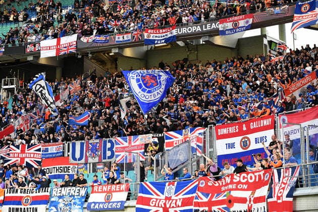 Fussball, Herren, Saison 2021 2022, Europa League (Halbfinale, Hinspiel), RB Leipzig - Glasgow Rangers, Fans von Glasgow, 28.04. 2022, Copyright: xSebastianxRäppold MatthiasxKochx