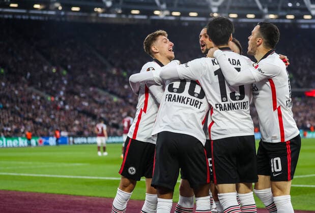 Mandatory Credit: Photo by Andrew Fosker Shutterstock (12914204ai) Ansgar Knauff of Eintracht Frankfurt celebrates scoring the opening goal 0-1 West Ham United v Eintracht Frankfurt, UEFA Europa League, Semi-Final, First Leg, Football, The London Stadium, London, UK - 28 Apr 2022 EDITORIAL USE ONLY No use with unauthorised audio, video, data, fixture lists, club league logos or live services. Online in-match use limited to 120 images, no video emulation. No use in betting, games or single club league player publications. West Ham United v Eintracht Frankfurt, UEFA Europa League, Semi-Final, First Leg, Football, The London Stadium, London, UK - 28 Apr 2022 EDITORIAL USE ONLY No use with unauthorised audio, video, data, fixture lists, club league logos or live services. Online in-match use limited to 120 images, no video emulation. No use in betting, games or single club league player publications. Copyright: xAndrewxFosker Shutterstockx 12914204ai