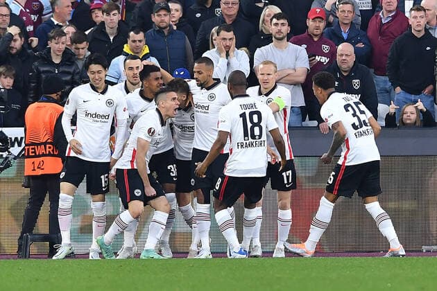 Fußball Europa League Halbfinale West Ham United - Eintracht Frankfurt am 28.04.2022 im Olympiastadion London in London Torjubel Jubel Tor zum 0:1 durch Ansgar Knauff ( Frankfurt )