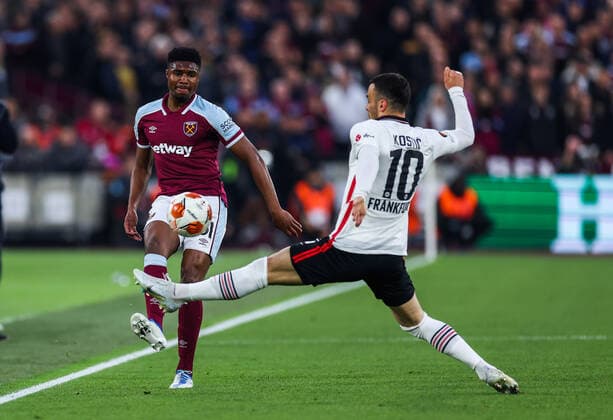 Mandatory Credit: Photo by Simon Dael Shutterstock (12914205am) Ben Johnson of West Ham United and Filip Kostic of Eintracht Frankfurt West Ham United v Eintracht Frankfurt, UEFA Europa League, Semi-Final, First Leg, Football, The London Stadium, London, UK - 28 Apr 2022 EDITORIAL USE ONLY No use with unauthorised audio, video, data, fixture lists, club league logos or live services. Online in-match use limited to 120 images, no video emulation. No use in betting, games or single club league player publications. West Ham United v Eintracht Frankfurt, UEFA Europa League, Semi-Final, First Leg, Football, The London Stadium, London, UK - 28 Apr 2022 EDITORIAL USE ONLY No use with unauthorised audio, video, data, fixture lists, club league logos or live services. Online in-match use limited to 120 images, no video emulation. No use in betting, games or single club league player publications. Copyright: xSimonxDael Shutterstockx 12914205am