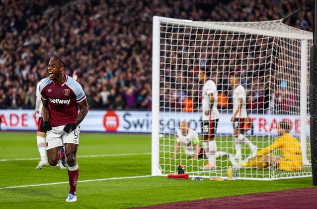 Mandatory Credit: Photo by Simon Dael Shutterstock (12914205av) Michail Antonio of West Ham United celebrates scoring the equalising goal 1-1 West Ham United v Eintracht Frankfurt, UEFA Europa League, Semi-Final, First Leg, Football, The London Stadium, London, UK - 28 Apr 2022 EDITORIAL USE ONLY No use with unauthorised audio, video, data, fixture lists, club league logos or live services. Online in-match use limited to 120 images, no video emulation. No use in betting, games or single club league player publications. West Ham United v Eintracht Frankfurt, UEFA Europa League, Semi-Final, First Leg, Football, The London Stadium, London, UK - 28 Apr 2022 EDITORIAL USE ONLY No use with unauthorised audio, video, data, fixture lists, club league logos or live services. Online in-match use limited to 120 images, no video emulation. No use in betting, games or single club league player publications. Copyright: xSimonxDael Shutterstockx 12914205av