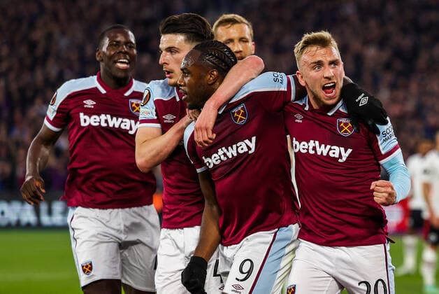 Mandatory Credit: Photo by Simon Dael Shutterstock (12914205aw) Michail Antonio of West Ham United celebrates scoring the equalising goal 1-1 West Ham United v Eintracht Frankfurt, UEFA Europa League, Semi-Final, First Leg, Football, The London Stadium, London, UK - 28 Apr 2022 EDITORIAL USE ONLY No use with unauthorised audio, video, data, fixture lists, club league logos or live services. Online in-match use limited to 120 images, no video emulation. No use in betting, games or single club league player publications. West Ham United v Eintracht Frankfurt, UEFA Europa League, Semi-Final, First Leg, Football, The London Stadium, London, UK - 28 Apr 2022 EDITORIAL USE ONLY No use with unauthorised audio, video, data, fixture lists, club league logos or live services. Online in-match use limited to 120 images, no video emulation. No use in betting, games or single club league player publications. Copyright: xSimonxDael Shutterstockx 12914205aw