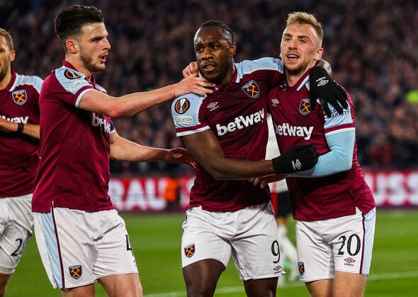 Mandatory Credit: Photo by Simon Dael Shutterstock (12914205bc) Michail Antonio of West Ham United celebrates scoring the equalising goal 1-1 with Jarrod Bowen and Declan Rice West Ham United v Eintracht Frankfurt, UEFA Europa League, Semi-Final, First Leg, Football, The London Stadium, London, UK - 28 Apr 2022 EDITORIAL USE ONLY No use with unauthorised audio, video, data, fixture lists, club league logos or live services. Online in-match use limited to 120 images, no video emulation. No use in betting, games or single club league player publications. West Ham United v Eintracht Frankfurt, UEFA Europa League, Semi-Final, First Leg, Football, The London Stadium, London, UK - 28 Apr 2022 EDITORIAL USE ONLY No use with unauthorised audio, video, data, fixture lists, club league logos or live services. Online in-match use limited to 120 images, no video emulation. No use in betting, games or single club league player publications. Copyright: xSimonxDael Shutterstockx 12914205bc