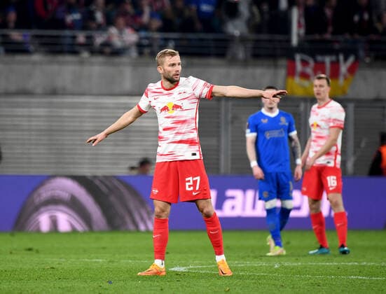 Fussball, Herren, Saison 2021 2022, Europa League (Halbfinale, Hinspiel), RB Leipzig - Glasgow Rangers, Konrad Laimer (RB Leipzig), 28.04. 2022, Copyright: xSebastianxRäppold MatthiasxKochx