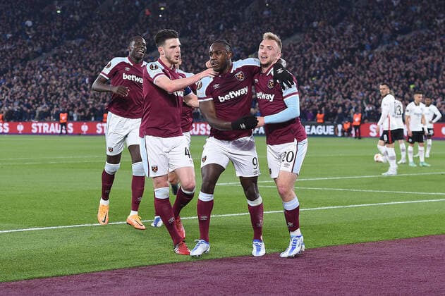 Fußball Europa League Halbfinale West Ham United - Eintracht Frankfurt am 28.04.2022 im Olympiastadion London in London Torjubel Jubel Tor zum 1:1 durch Michail Antonio ( West Ham )