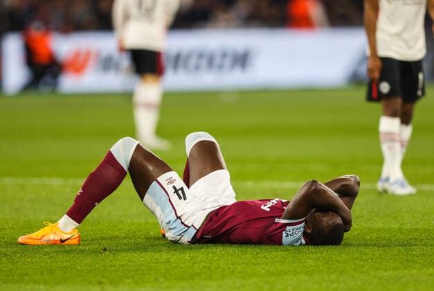 Mandatory Credit: Photo by Andrew Fosker Shutterstock (12914204br) Kurt Zouma of West Ham United gets injured West Ham United v Eintracht Frankfurt, UEFA Europa League, Semi-Final, First Leg, Football, The London Stadium, London, UK - 28 Apr 2022 EDITORIAL USE ONLY No use with unauthorised audio, video, data, fixture lists, club league logos or live services. Online in-match use limited to 120 images, no video emulation. No use in betting, games or single club league player publications. West Ham United v Eintracht Frankfurt, UEFA Europa League, Semi-Final, First Leg, Football, The London Stadium, London, UK - 28 Apr 2022 EDITORIAL USE ONLY No use with unauthorised audio, video, data, fixture lists, club league logos or live services. Online in-match use limited to 120 images, no video emulation. No use in betting, games or single club league player publications. Copyright: xAndrewxFosker Shutterstockx 12914204br
