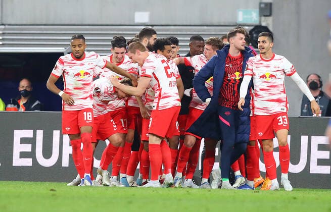 RB Leipzig - Glasgow Rangers 28.04.2022 Leipzig, 28.04.2022, Red Bull Arena, Fussball, UEFA Europa League, Halbfinale , RB Leipzig vs. Glasgow Rangers FC , Im Bild: Leipziger Torjubel nach dem 1:0 durch Torschütze Angeli–o Angelino (3, RB Leipzig) , UEFA regulations prohibit any use of photographs as image sequences and or quasi-video ,