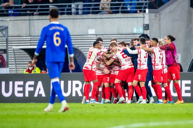 FB-EL RB Leipzig - Rangers FC Jubel bei RB Leipzig nach 1:0 von Angelino Jose Angel Esmoris Tasende (RB Leipzig) waehrend des Halbfinale Spiel 1 - Saison 2021-2022 in der Europa League (Herren) zwischen RB Leipzig und Rangers FC in der Red Bull Arena am 28. April 2022 in Leipzig, Sachsen, Deutschland