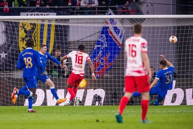 Mandatory Credit: Photo by Kirk O Rourke Rangers FC Shutterstock (12914397cv) RB Leipzig Midfielder Christopher Nkunku has a chance on goal RB Leipzig v Rangers, UEFA Europa League, Semi-final, 1st Leg, Football, Red Bull Arena,Leipzig, Germany - 28 Apr 2022 RB Leipzig v Rangers, UEFA Europa League, Semi-final, 1st Leg, Football, Red Bull Arena,Leipzig, Germany - 28 Apr 2022 Copyright: xKirkxO Rourke RangersxFC Shutterstockx 12914397cv