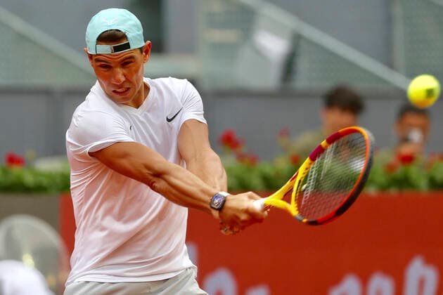 Rafael Nadal beim Training zum Mutua Madrid Open 2022 Tennis Turnier im Sportkomplex Caja Magica. Madrid, 28.04.2022