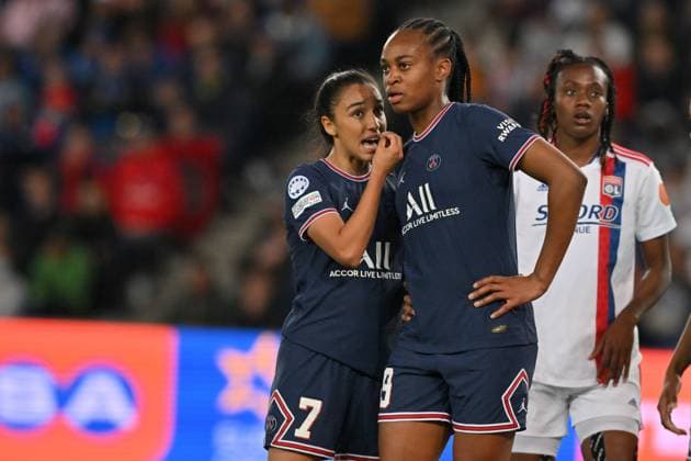 Parc des Princes Sakina Karchaoui ( 7 Paris Saint-Germain) and Marie-Antoinette Katoto ( 9 Paris Saint-Germain) during the UEFA Womens Champions League semifinal between Paris Saint-Germain FC and Olympique Lyonnais at Parc des Princes in Paris, France Cristiano Mazzi SPP Paris Saint-Germain FC v Olympique Lyonnais - UEFA Womens Champions League semifinal - Parc des Princes - Paris, France 